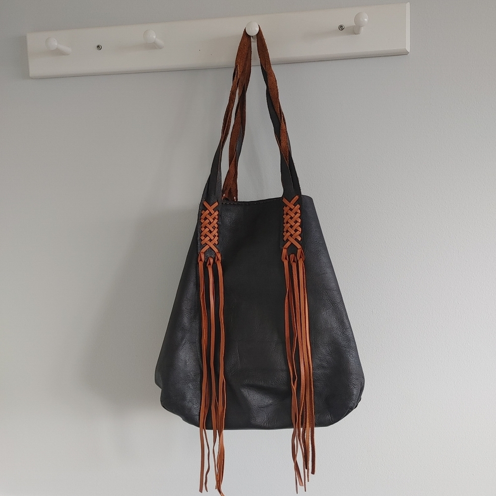 Black Leather Bag with Brown Tassels